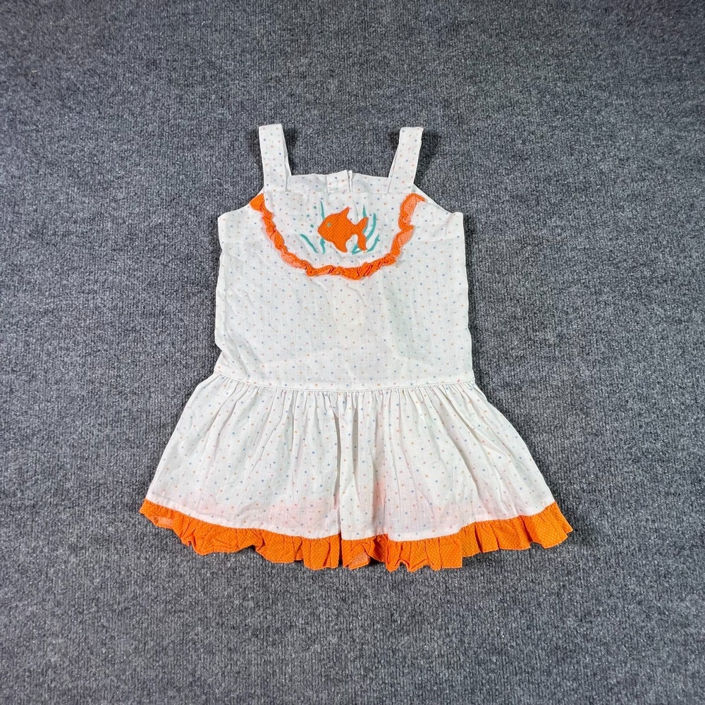 Vintage Polly Flinders Girls 5 White Polka Dot Fish Embroidered Midi Dress 5133
